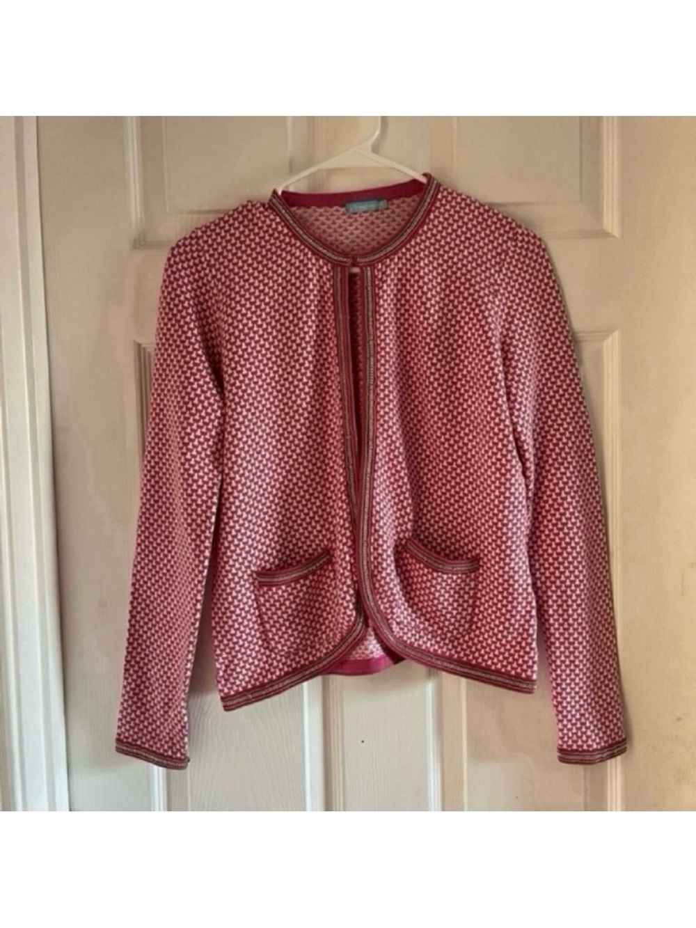 J. MCLAUGHLIN Jacqueline crewneck jacquard cardigan sweater chain detail